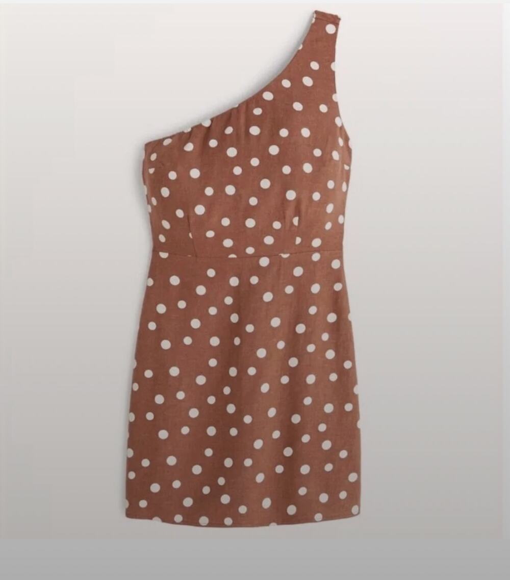 Abercrombie & Fitch One Shoulder Brown Polka Dot Linen Blend Mini Dress Sz S
